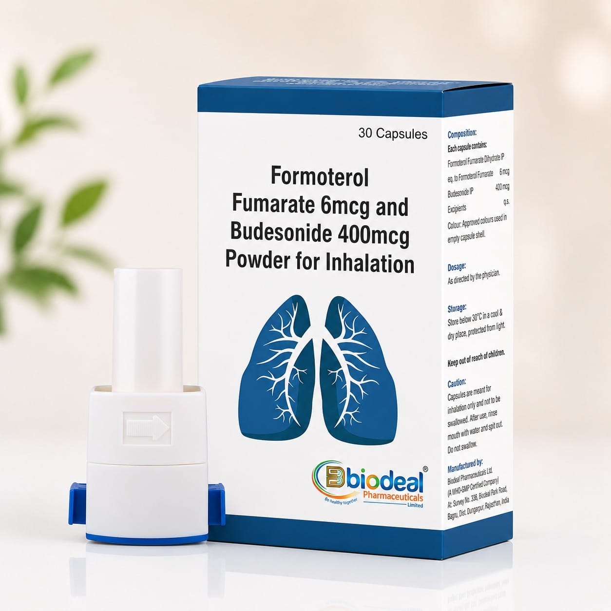 Biodeal formoterol fumarate and budesonide powder for inhalation carton with inhaler device
