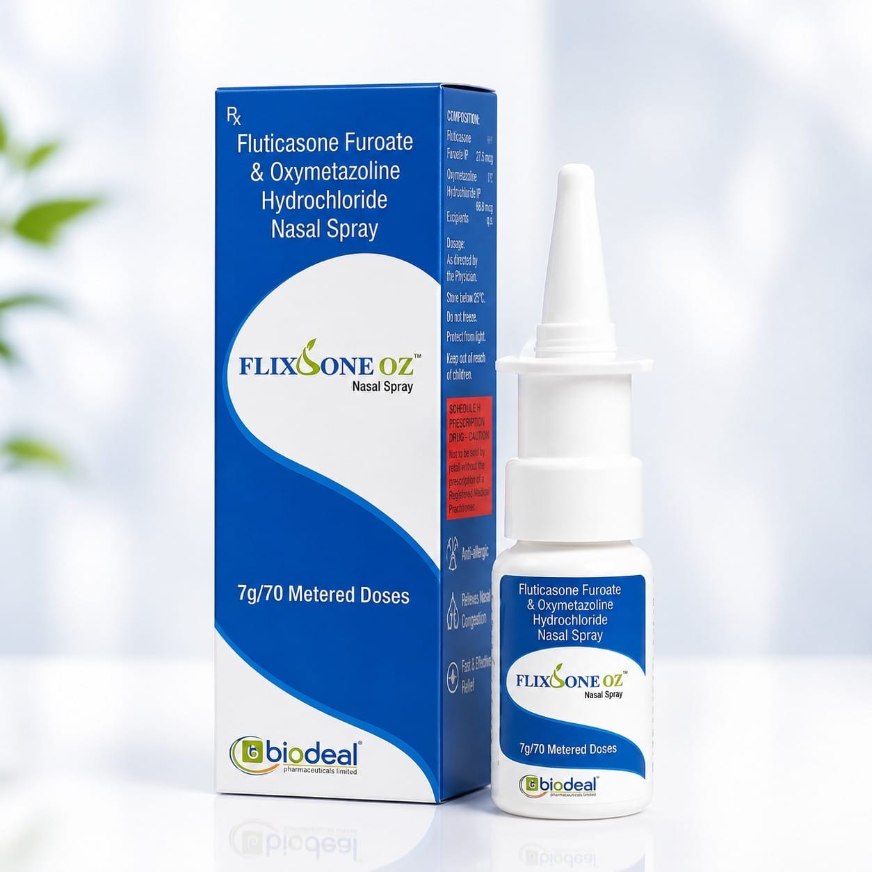 Biodeal Flixsone OZ fluticasone furoate and oxymetazoline nasal spray carton and bottle
