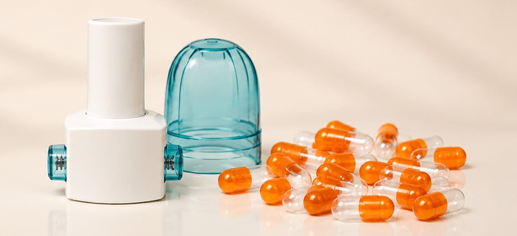 Biodeal dry powder inhaler device with its transparent cap and inhalation capsules
