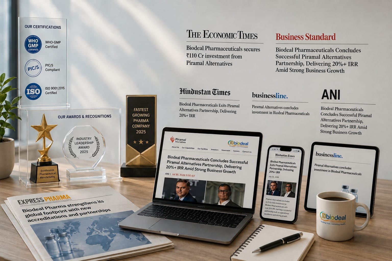 Biodeal press coverage, certifications and industry awards arranged on a desk