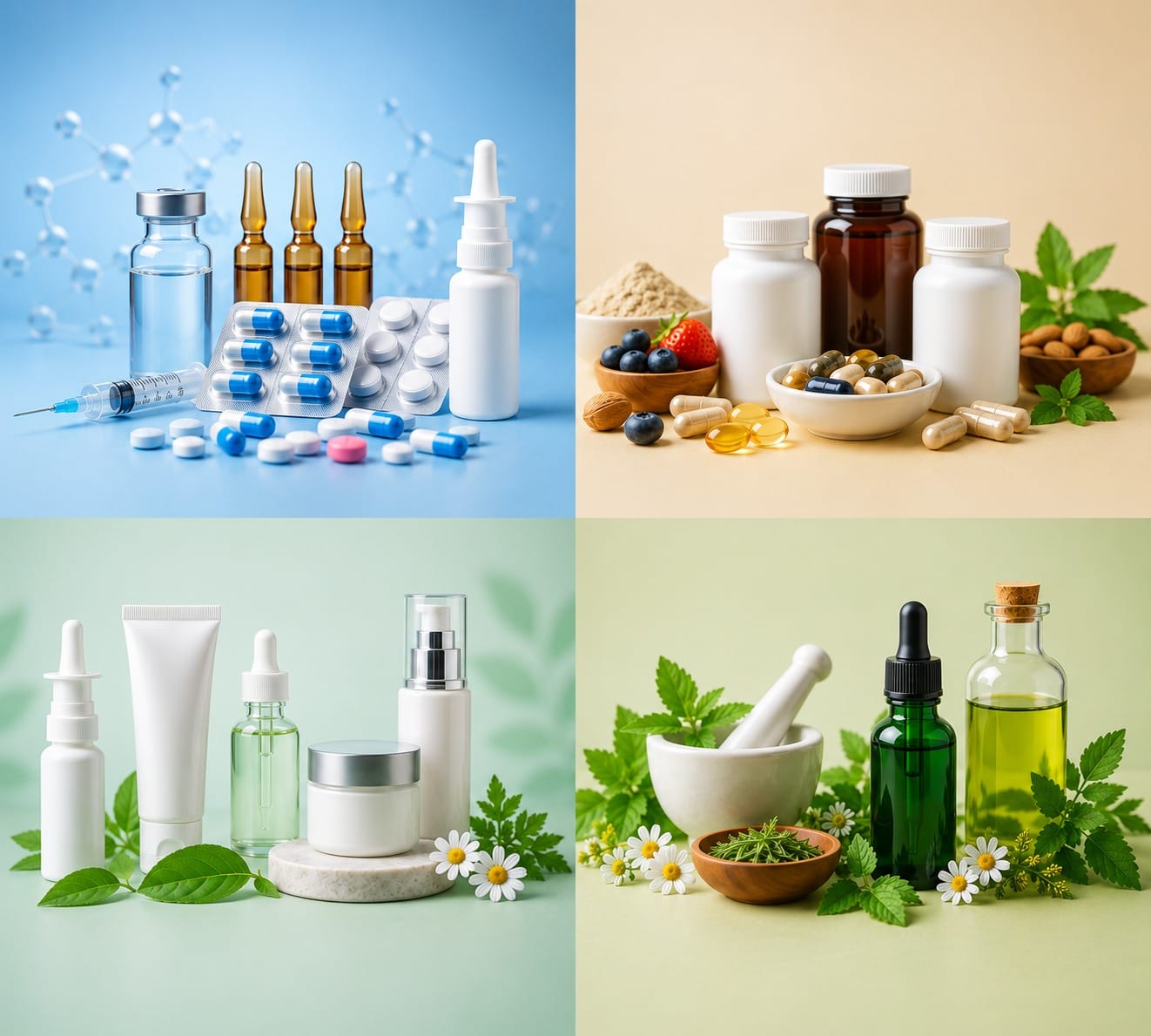 Biodeal product portfolio — injectable vials and ampoules, nutraceutical capsules, derma and cosmetic tubes, and herbal preparations
